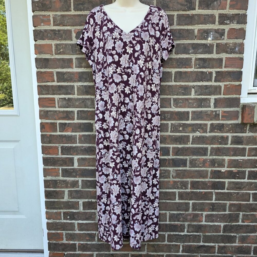 J Jill Women's Wine Red Burgundy Floral Cotton Midi Dress M Short Sleeves